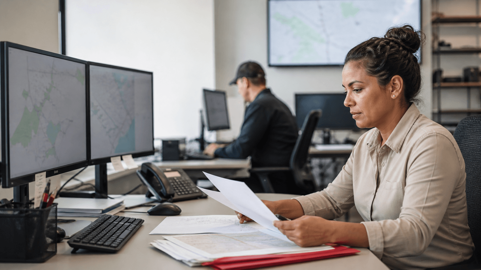 FC Logistics coordinator reviewing freight documentation at an operations desk